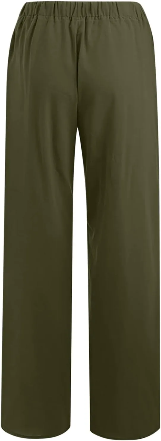 Womens Linen Wide Leg Palazzo Pants Casual Loose Drawstring Summer Beach Travel Vacation Harem Pants with Pockets