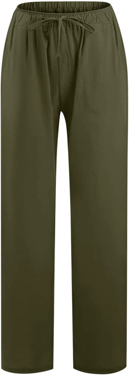 Womens Linen Wide Leg Palazzo Pants Casual Loose Drawstring Summer Beach Travel Vacation Harem Pants with Pockets
