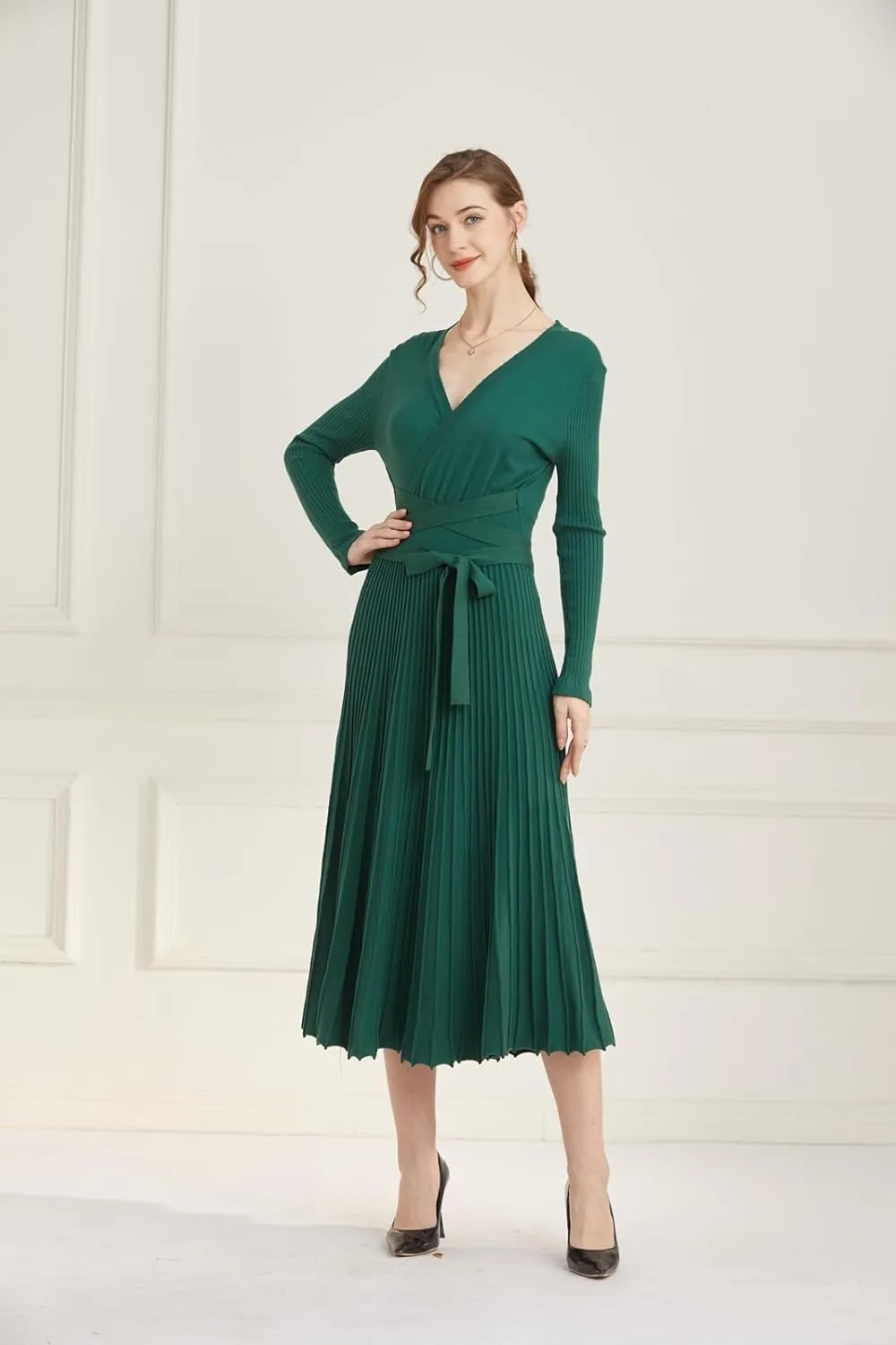 Women's Long Knit Crewneck Sweater Dress Tie Waist A-Line Swing Pleated Bodycon
