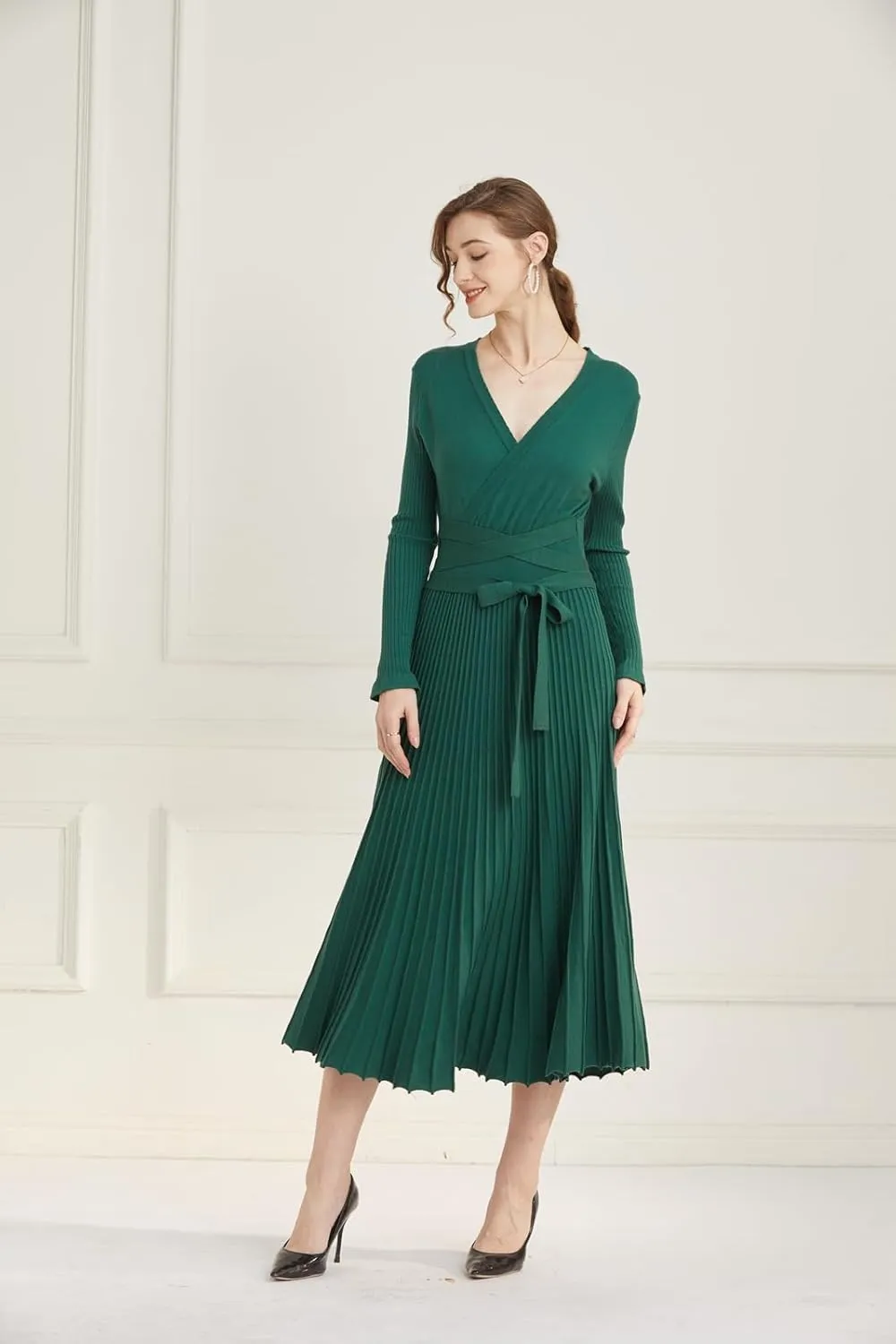 Women's Long Knit Crewneck Sweater Dress Tie Waist A-Line Swing Pleated Bodycon