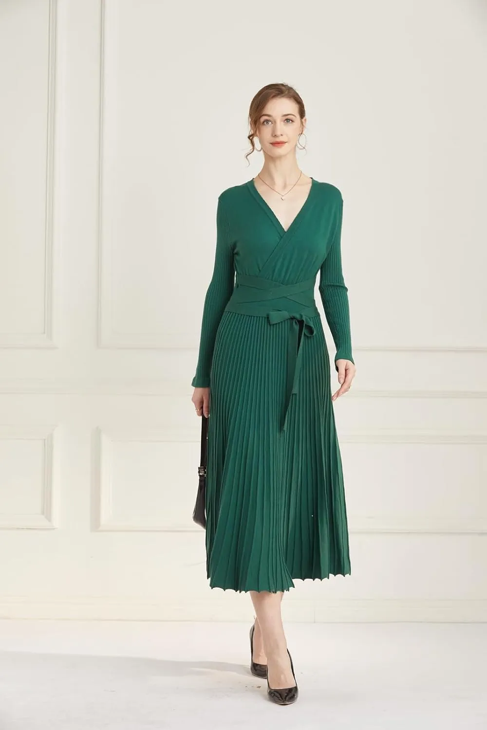 Women's Long Knit Crewneck Sweater Dress Tie Waist A-Line Swing Pleated Bodycon