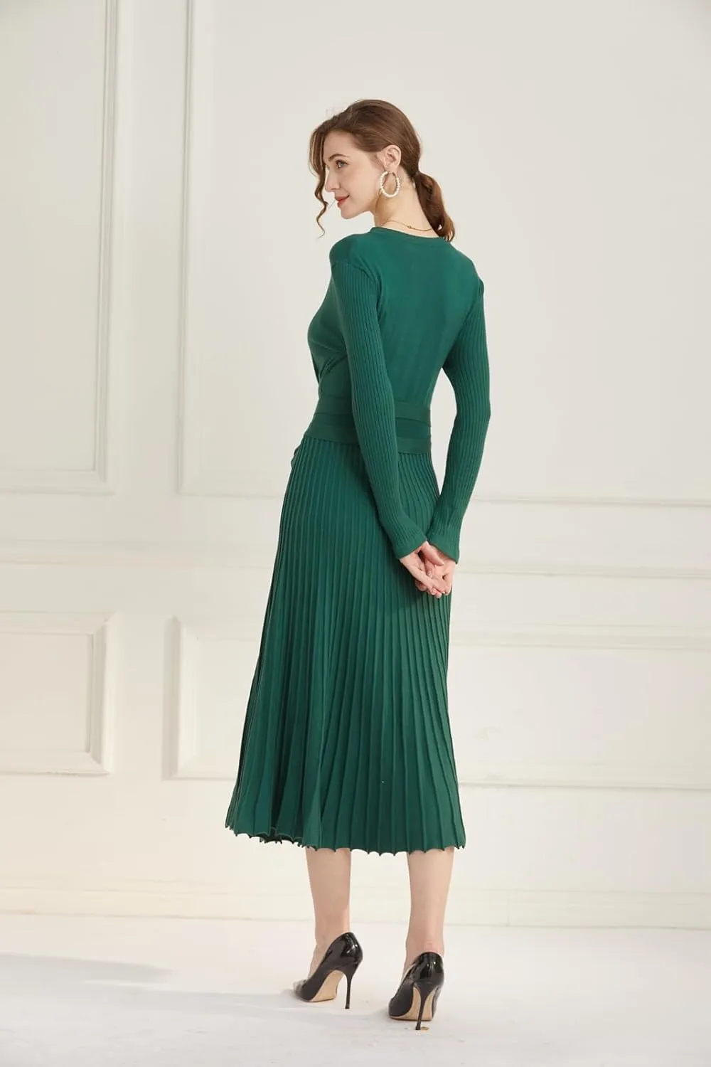 Women's Long Knit Crewneck Sweater Dress Tie Waist A-Line Swing Pleated Bodycon