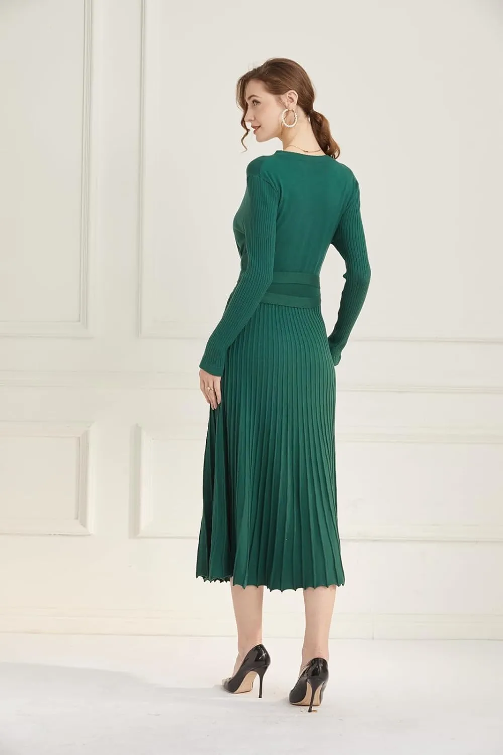 Women's Long Knit Crewneck Sweater Dress Tie Waist A-Line Swing Pleated Bodycon
