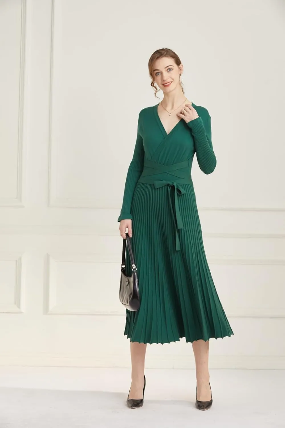 Women's Long Knit Crewneck Sweater Dress Tie Waist A-Line Swing Pleated Bodycon
