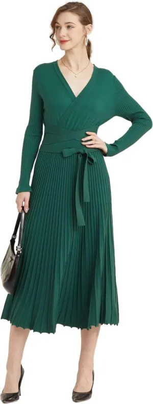 Women's Long Knit Crewneck Sweater Dress Tie Waist A-Line Swing Pleated Bodycon