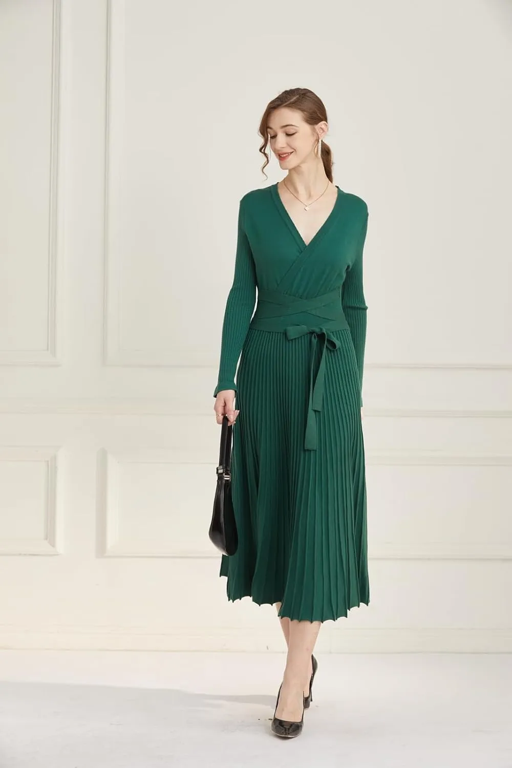 Women's Long Knit Crewneck Sweater Dress Tie Waist A-Line Swing Pleated Bodycon