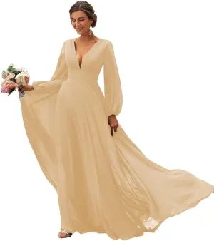 Women's Long Sleeves Bridesmaid Dresses V-Neck Chiffon A Line Formal Dress Evening Gowns with Train