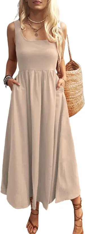 Women's Maxi Dress Summer Sleeveless Swing Sundress Casual Loose Tank Long Dresses with Pockets