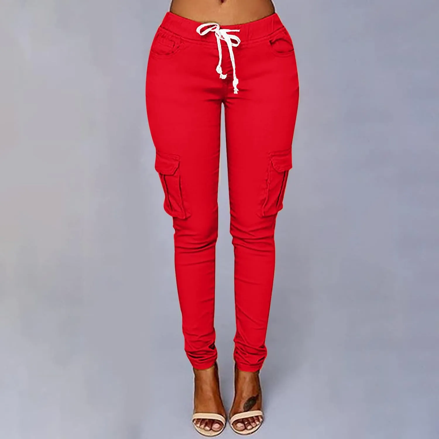Womens Mid Waist Cargo Leggings High Rise Skinny Cargo Pants Tactical Stretch Jogger Slim Tapered Trouser Sweatpants