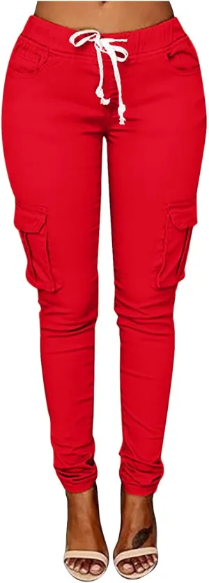 Womens Mid Waist Cargo Leggings High Rise Skinny Cargo Pants Tactical Stretch Jogger Slim Tapered Trouser Sweatpants