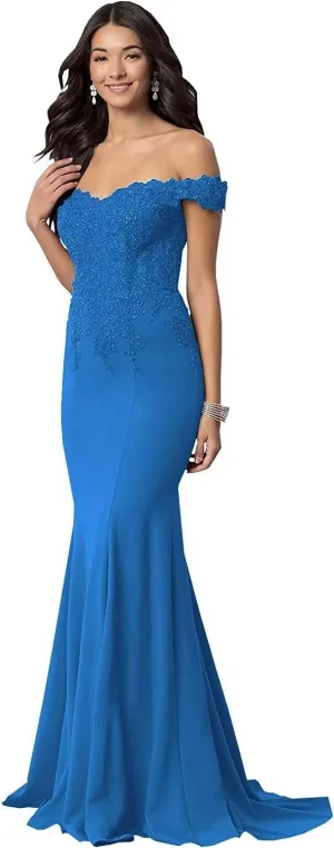 Women's Off The Shoulder Mermaid Prom Dresses Long Chiffon Bridesmaid Dress Formal Evening Gown Blue US4
