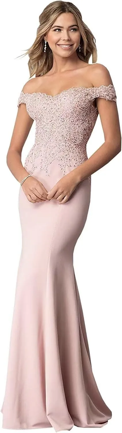 Women's Off The Shoulder Mermaid Prom Dresses Long Chiffon Bridesmaid Dress Formal Evening Gown Blush US12