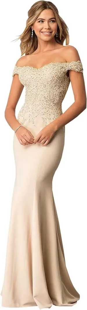 Women's Off The Shoulder Mermaid Prom Dresses Long Chiffon Bridesmaid Dress Formal Evening Gown Champagne US20W