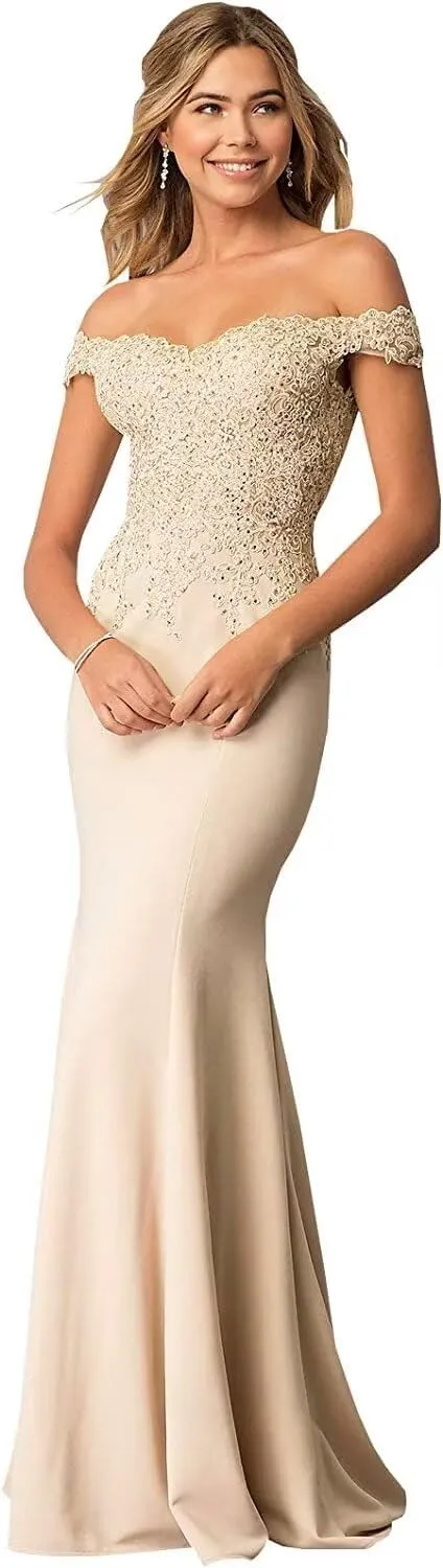 Women's Off The Shoulder Mermaid Prom Dresses Long Chiffon Bridesmaid Dress Formal Evening Gown Champagne US20W
