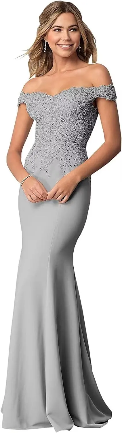 Women's Off The Shoulder Mermaid Prom Dresses Long Chiffon Bridesmaid Dress Formal Evening Gown Silver US12