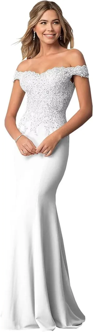 Women's Off The Shoulder Mermaid Prom Dresses Long Chiffon Bridesmaid Dress Formal Evening Gown White US4