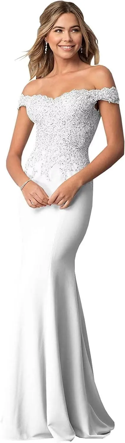 Women's Off The Shoulder Mermaid Prom Dresses Long Chiffon Bridesmaid Dress Formal Evening Gown White US4