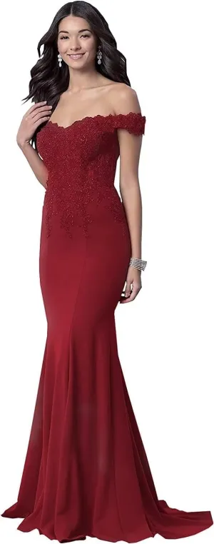 Women's Off The Shoulder Mermaid Prom Dresses Long Chiffon Bridesmaid Dress Formal Evening Gown Wine Red US12