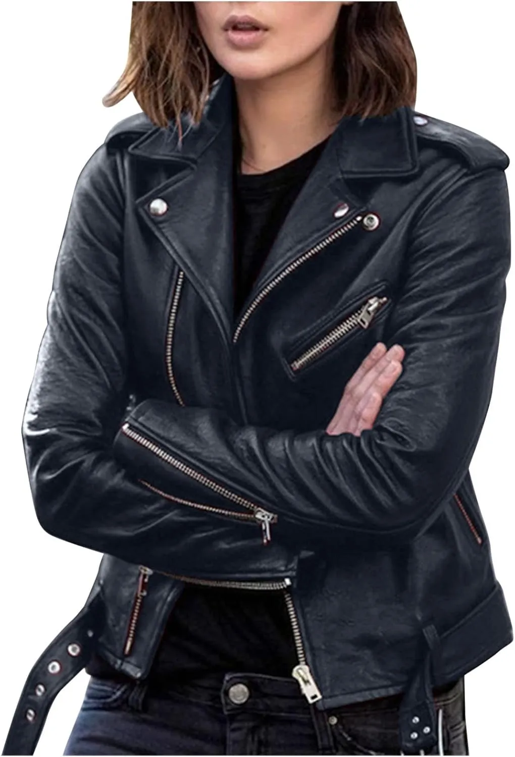 Women's Oversized Fashion Faux Leather Jackets Solid Color Long Sleeve Zipper Fitted Artificial Leather Blazer Coats