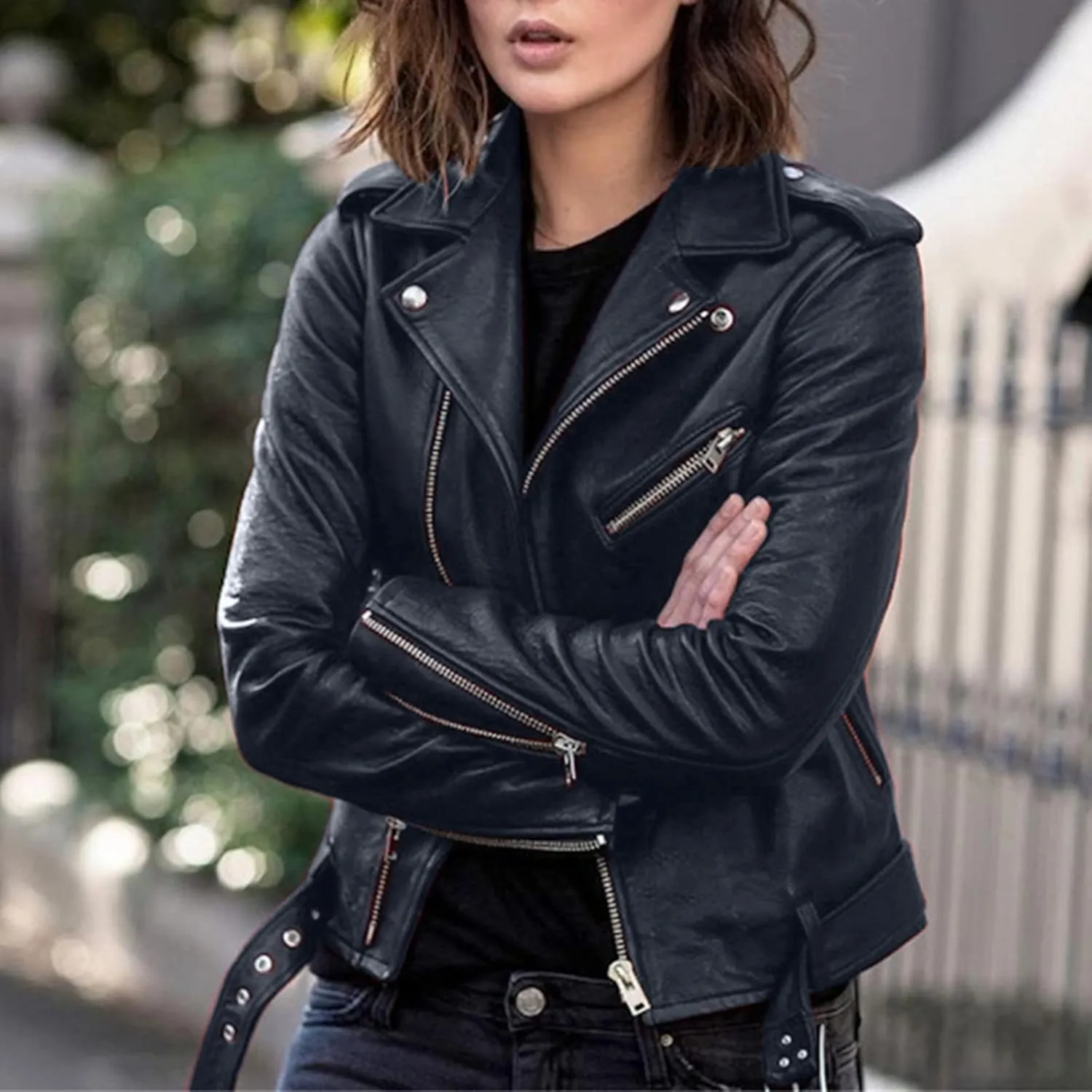Women's Oversized Fashion Faux Leather Jackets Solid Color Long Sleeve Zipper Fitted Artificial Leather Blazer Coats