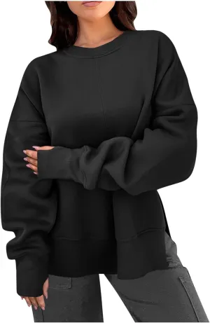 Womens Oversized Hoodies Casual Loose Fall Crewneck Sweatshirts Long Sleeve Trendy Pullover Tops Side Slit
