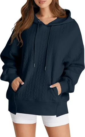 Women's Oversized Hoodies Fall Trendy Textured Long Sleeve Sweatshirt Y2k Casual Comfy Pullover Tops with Pockets