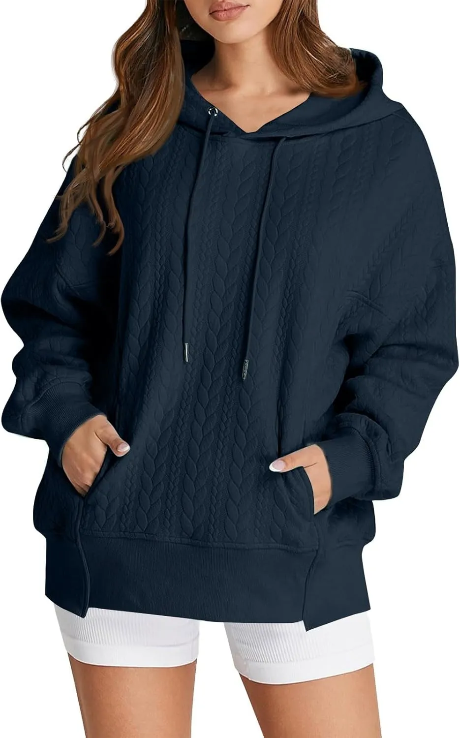 Women's Oversized Hoodies Fall Trendy Textured Long Sleeve Sweatshirt Y2k Casual Comfy Pullover Tops with Pockets