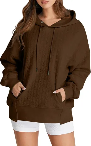 Women's Oversized Hoodies Fall Trendy Textured Long Sleeve Sweatshirt Y2k Casual Comfy Pullover Tops with Pockets