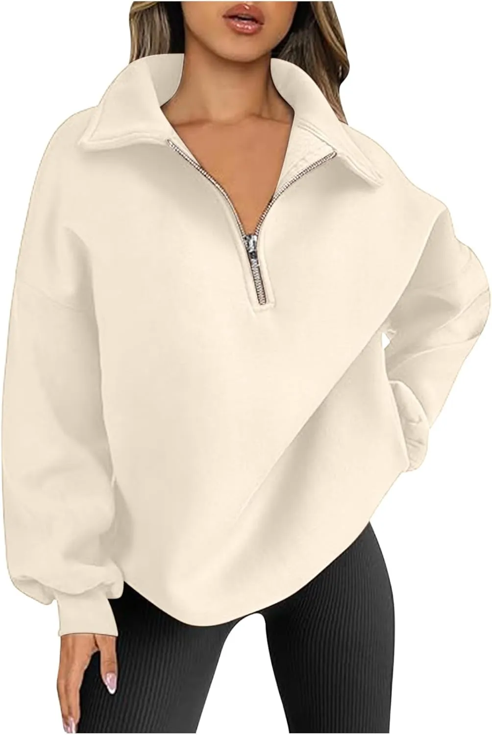 Women's Oversized Quarter Half Zip Hoodies Sweatshirt,Casual V Neck Long Sleeve Pullover Tunic Comfy Basic Tops