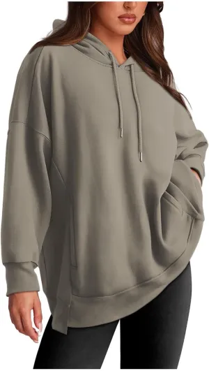 Womens Oversized Solid Color Hoodies Loose Drawstring Long Sleeve Pocket Sweatshirts Fall Winter Casual Pullover