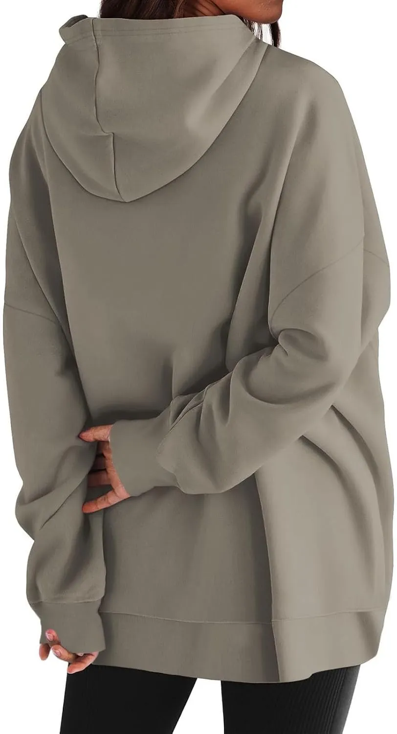 Womens Oversized Solid Color Hoodies Loose Drawstring Long Sleeve Pocket Sweatshirts Fall Winter Casual Pullover