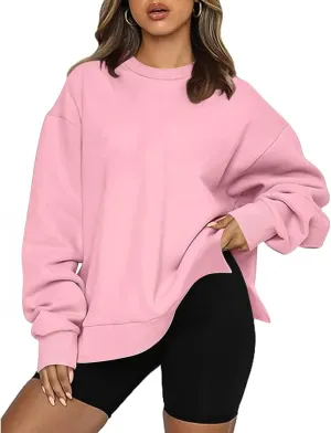 Women's Oversized Sweatshirts Solid Color Long Sleeve Crewneck Hoodies Side Slit Lightweight Pullovers Dailywear