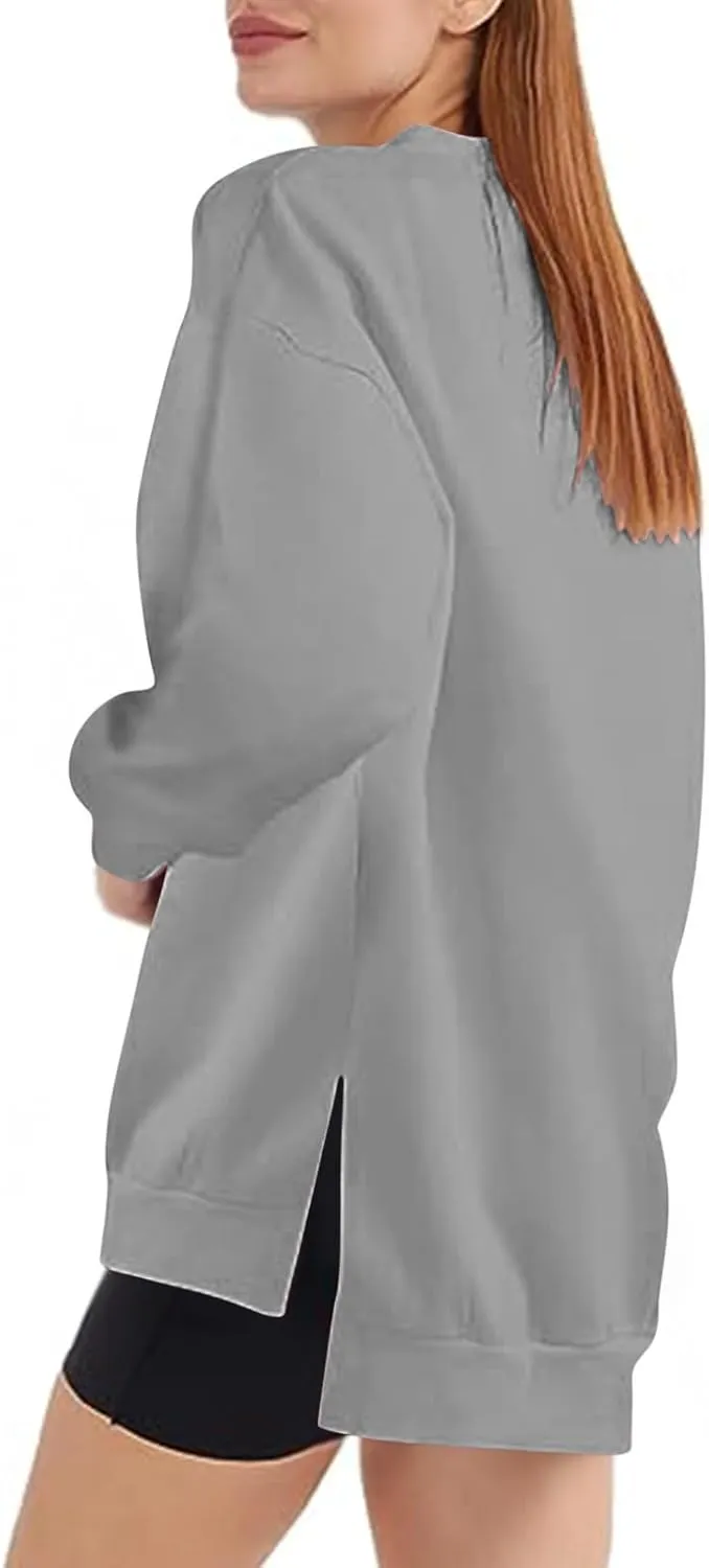 Women's Oversized Sweatshirts Solid Color Long Sleeve Crewneck Hoodies Side Slit Lightweight Pullovers Dailywear