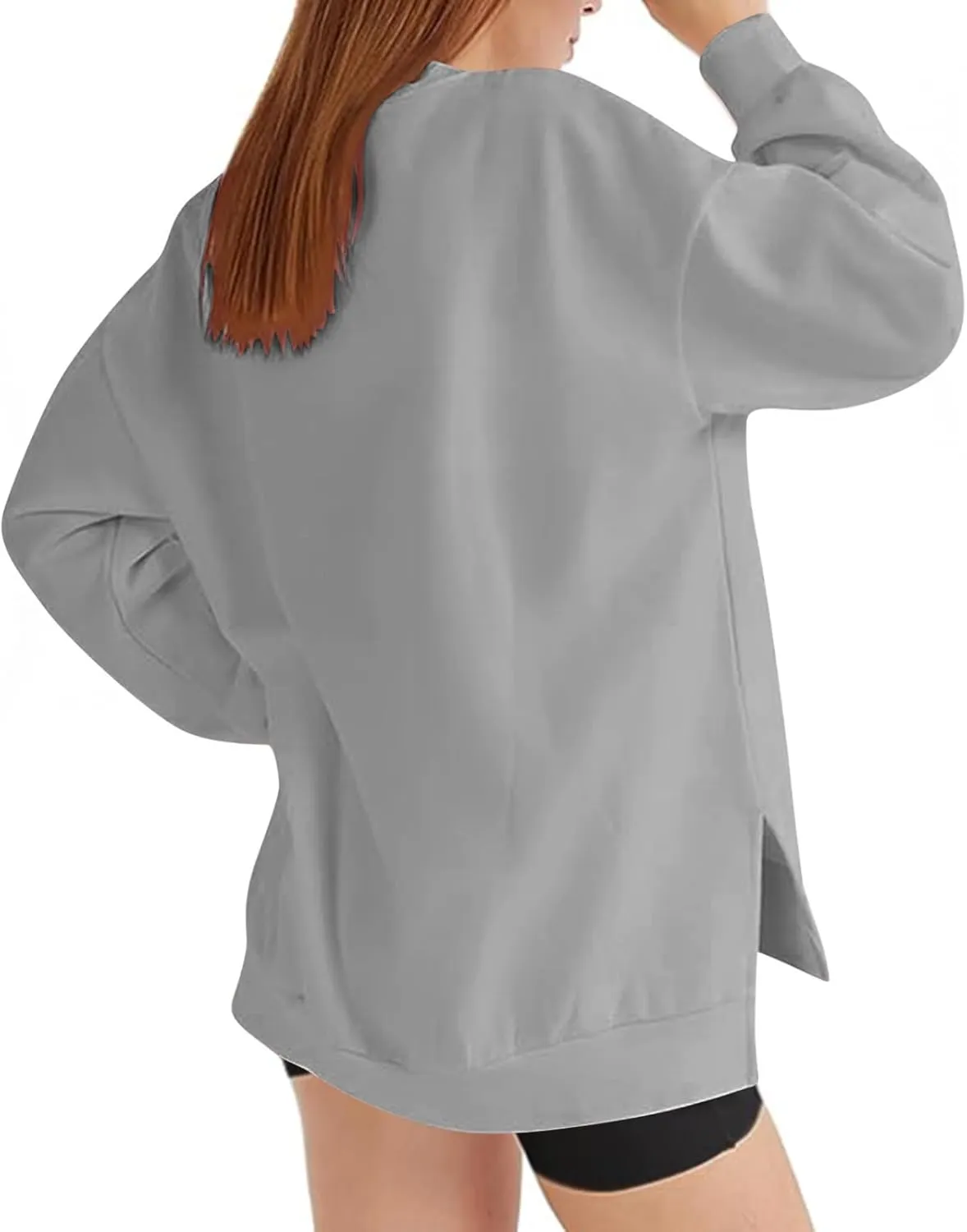 Women's Oversized Sweatshirts Solid Color Long Sleeve Crewneck Hoodies Side Slit Lightweight Pullovers Dailywear