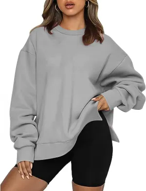 Women's Oversized Sweatshirts Solid Color Long Sleeve Crewneck Hoodies Side Slit Lightweight Pullovers Dailywear
