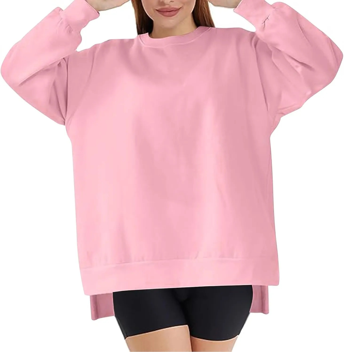 Women's Oversized Sweatshirts Solid Color Long Sleeve Crewneck Hoodies Side Slit Lightweight Pullovers Dailywear