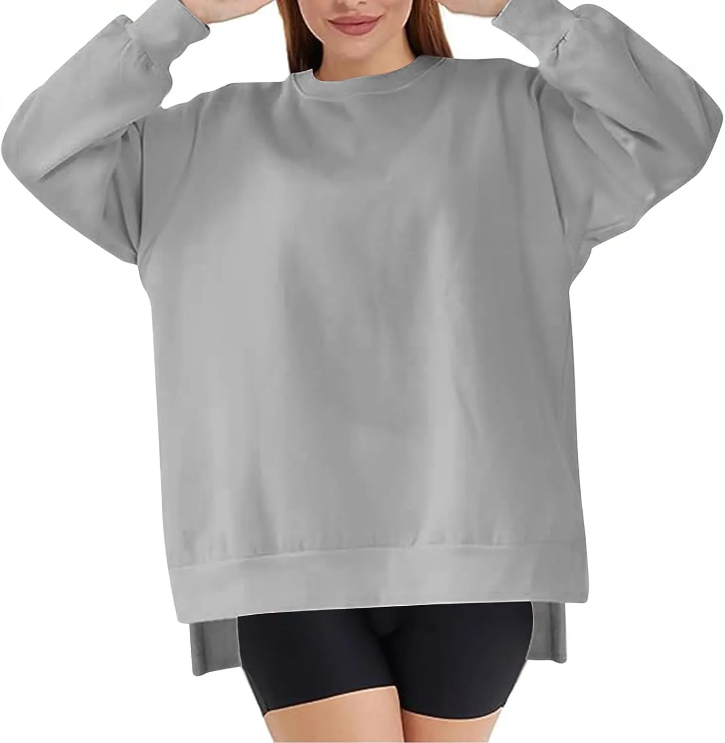 Women's Oversized Sweatshirts Solid Color Long Sleeve Crewneck Hoodies Side Slit Lightweight Pullovers Dailywear