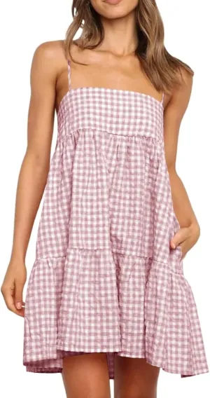 Womens Plaid A-line Dresses Shoulder Straps Ruffle Hem Casual Mini Dress with Side Pocket