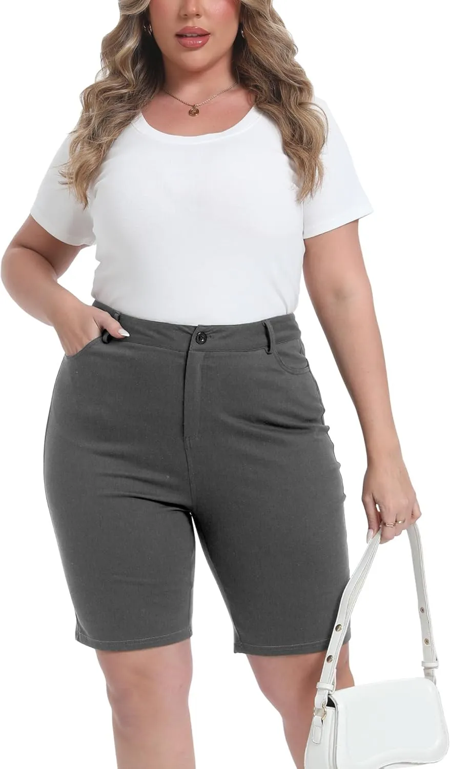 Womens Plus Size Bermuda Shorts Stretchy High Waisted Summer Casual Midi Shorts