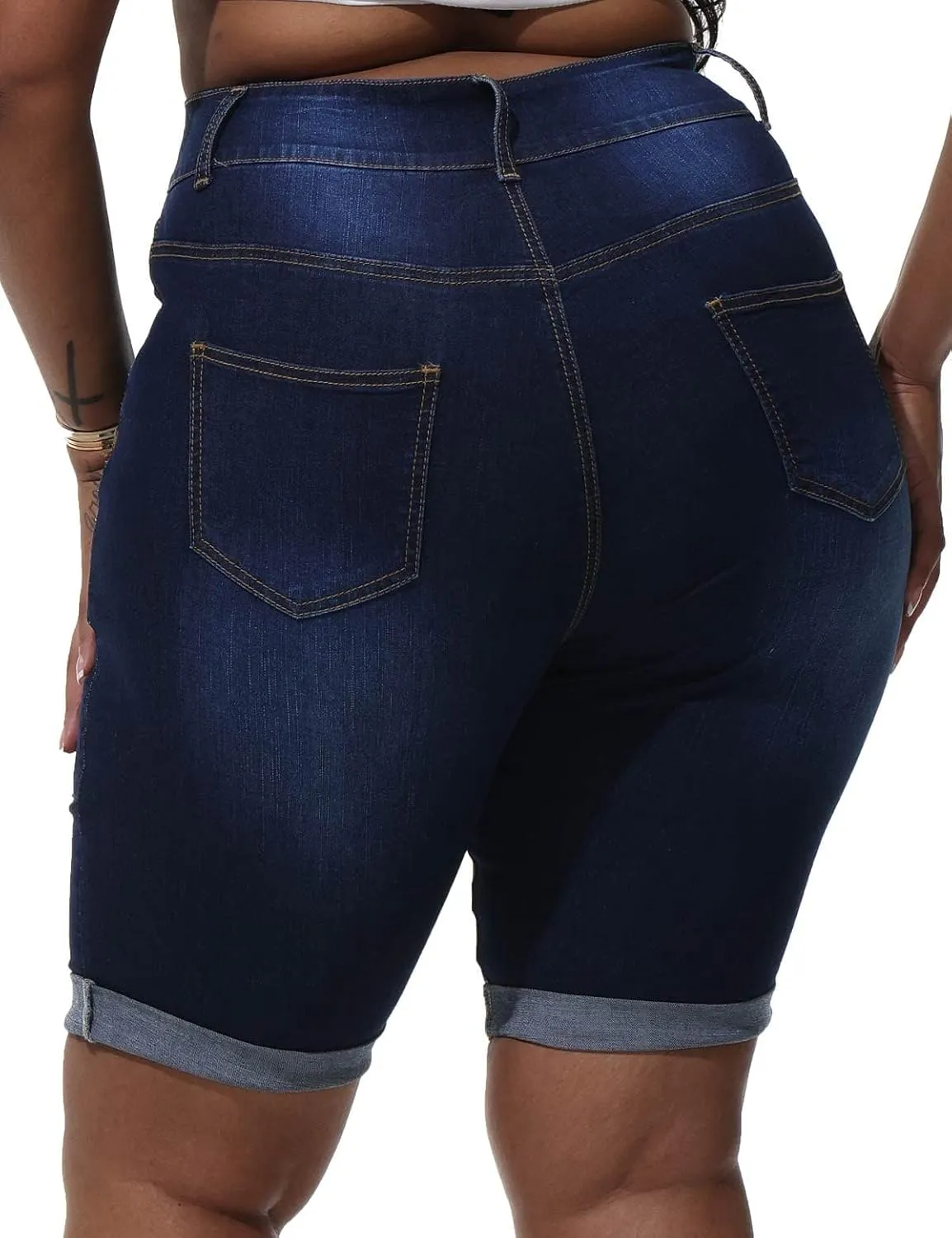 Womens Plus Size Jean Shorts High Waisted Stretchy Midi Bermuda Denim Shorts