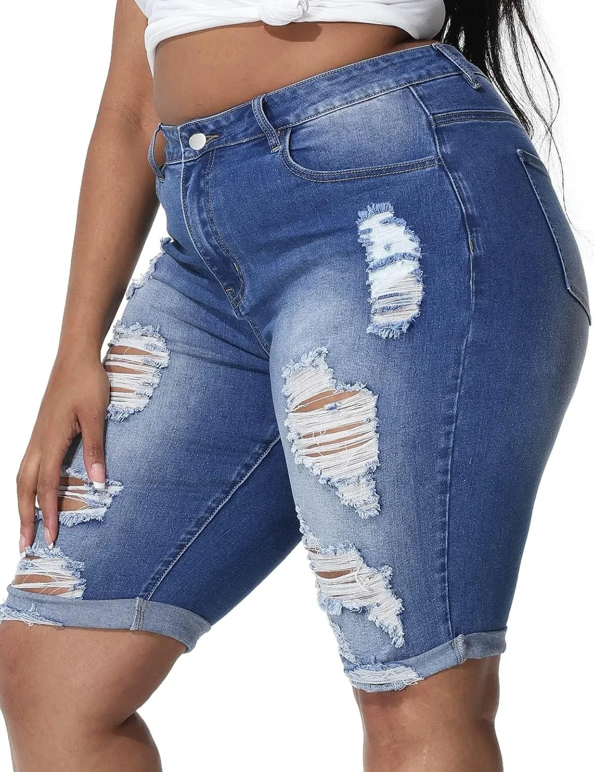 Womens Plus Size Jean Shorts High Waisted Stretchy Midi Bermuda Denim Shorts