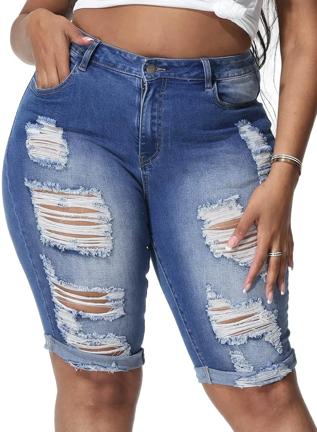 Womens Plus Size Jean Shorts High Waisted Stretchy Midi Bermuda Denim Shorts