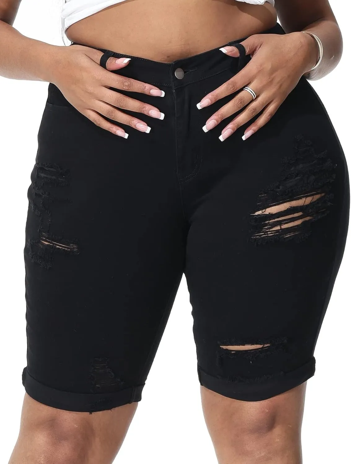 Womens Plus Size Jean Shorts High Waisted Stretchy Midi Bermuda Denim Shorts