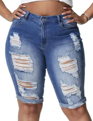 Womens Plus Size Jean Shorts High Waisted Stretchy Midi Bermuda Denim Shorts
