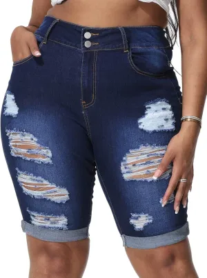 Womens Plus Size Jean Shorts High Waisted Stretchy Midi Bermuda Denim Shorts