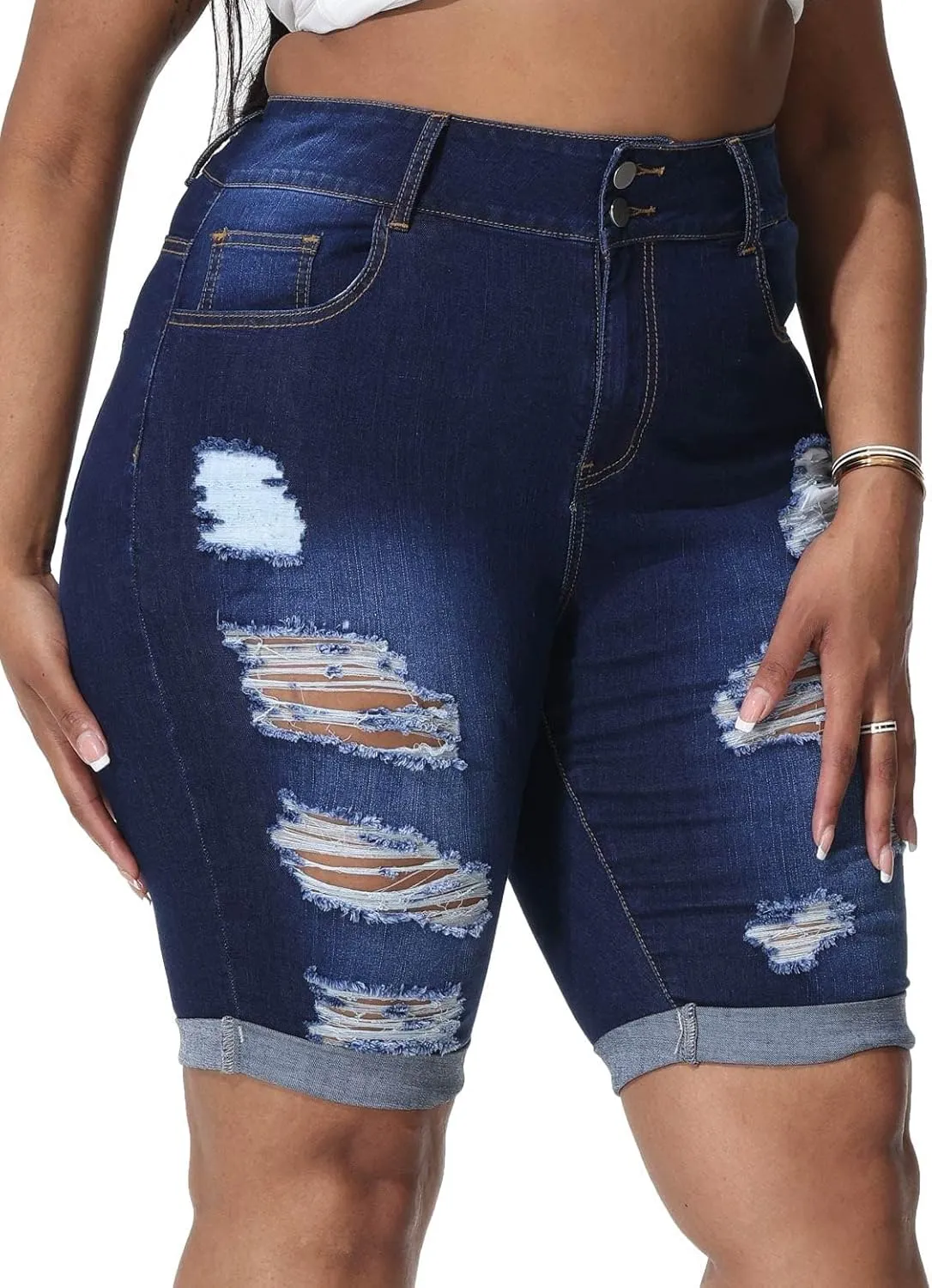 Womens Plus Size Jean Shorts High Waisted Stretchy Midi Bermuda Denim Shorts