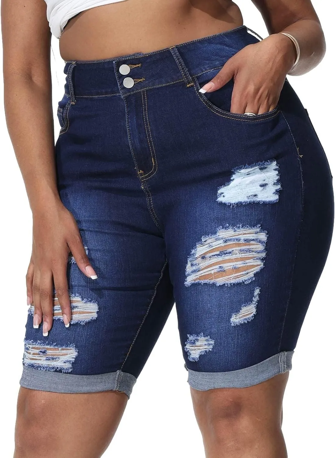 Womens Plus Size Jean Shorts High Waisted Stretchy Midi Bermuda Denim Shorts