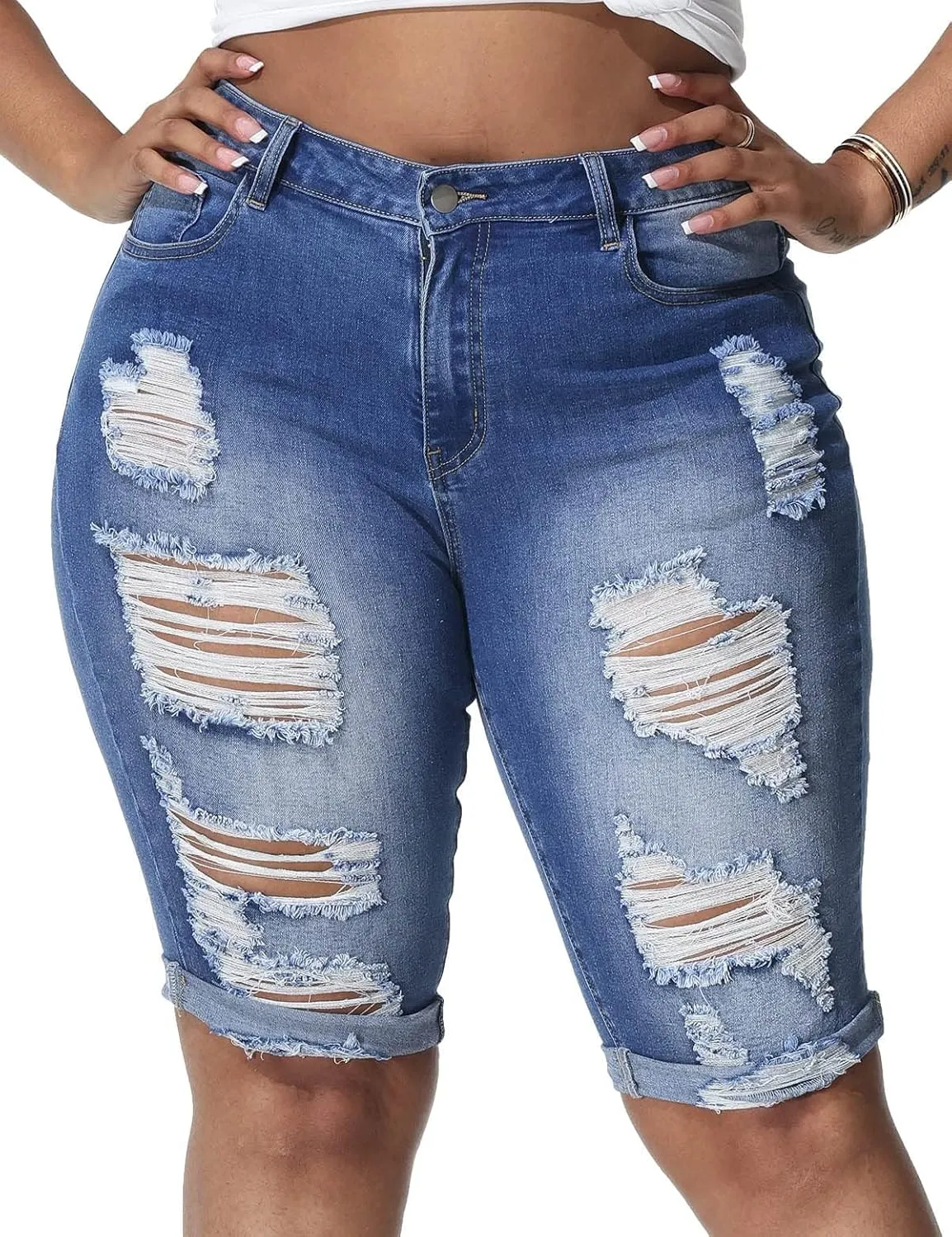 Womens Plus Size Jean Shorts High Waisted Stretchy Midi Bermuda Denim Shorts