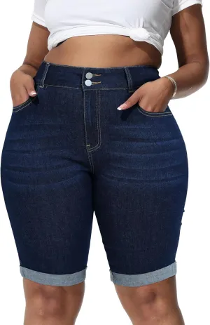 Womens Plus Size Jean Shorts High Waisted Stretchy Midi Bermuda Denim Shorts