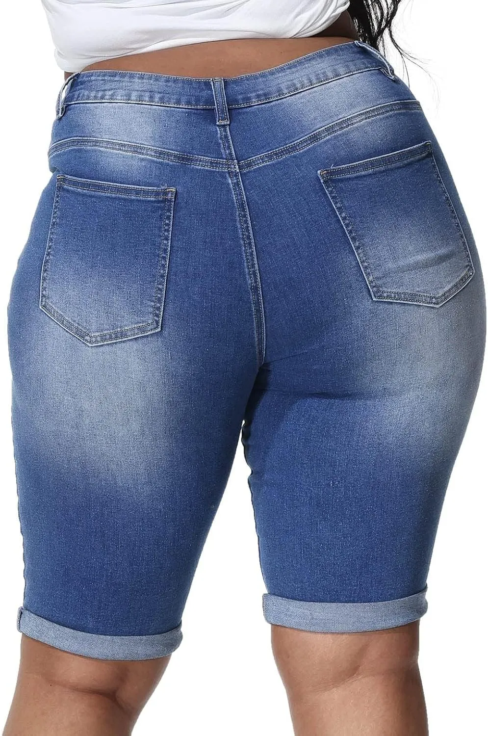 Womens Plus Size Jean Shorts High Waisted Stretchy Midi Bermuda Denim Shorts